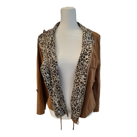 En Creme Zip Up Brown Jacket Animal Print Trim Women’s Size S - Picture 3 of 7